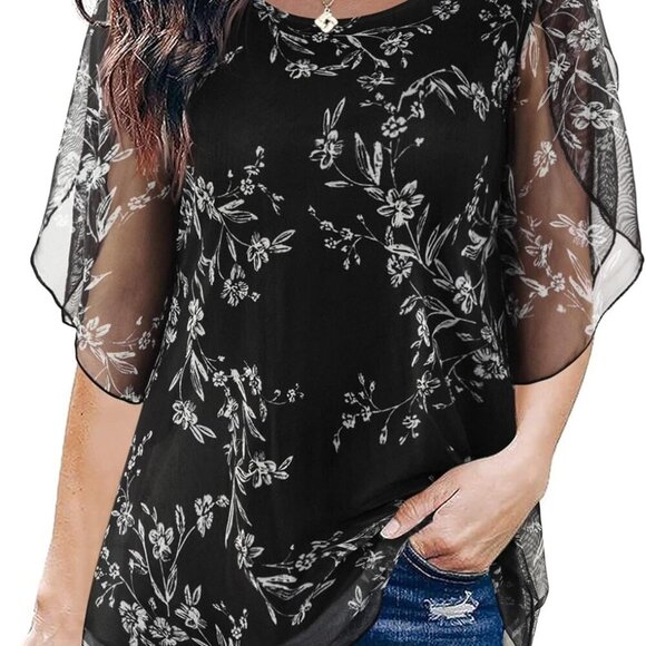 Women's Ruffle 3/4 Sleeve Mesh Blouses - Black Floral, X-Large - Picture 1 of 4